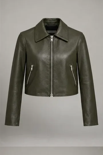 Olive leather jacket, photographed alone